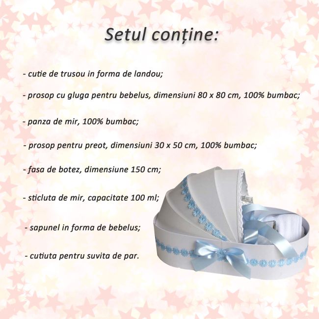 Trusou de botez cu cutie landou si decor cu floricele bleu pentru Baietei Denikos® 132 NKO1687