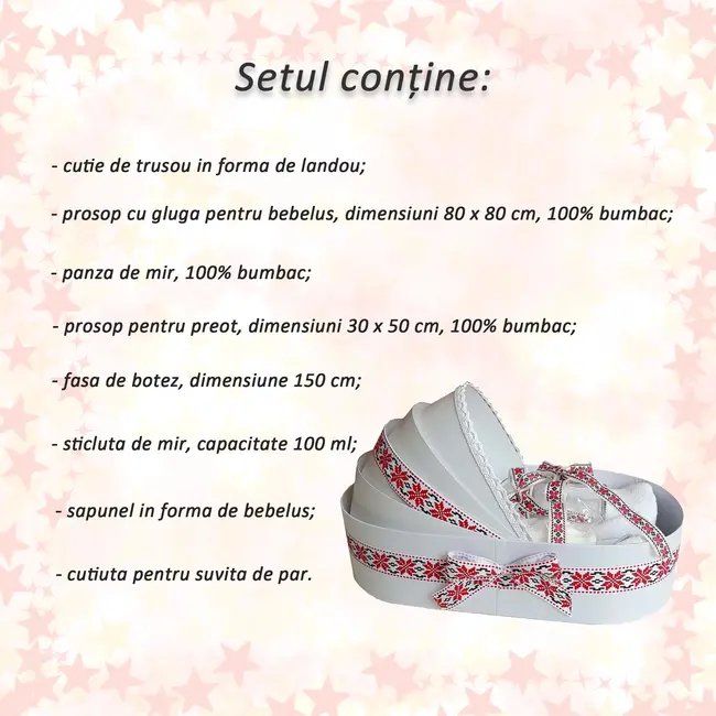 Trusou botez complet in landou pentru fetite cu decor traditional rosu Denikos&reg; 140 NKO1695