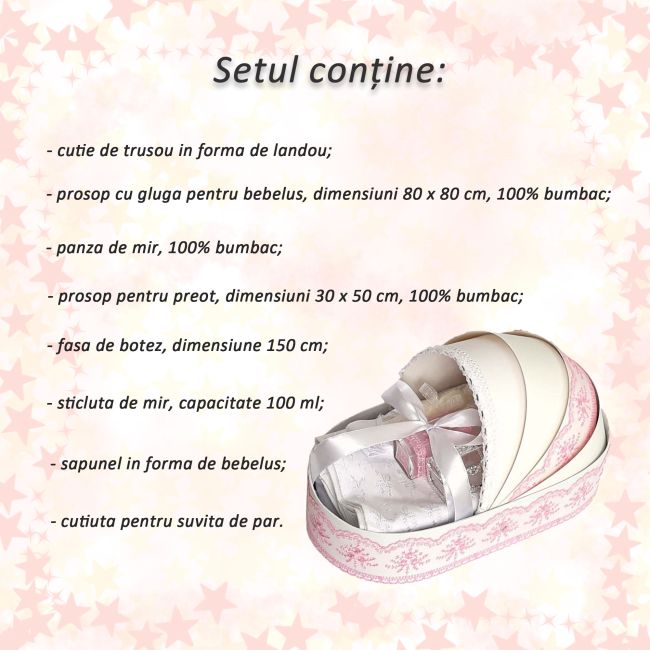 Trusou de botez complet pentru fetite Denikos® 141 in cutie landou cu dantela roz - NKO1696