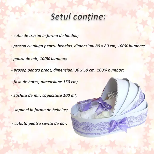 Trusou botez model landou cu decor elegant dantela lila pentru Fetite Denikos&reg; 143 NKO1698