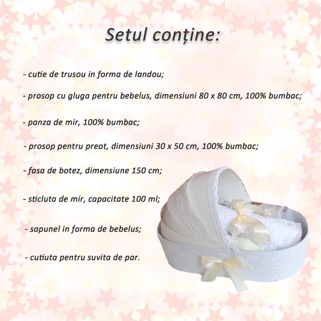 Trusou botez unisex in cutie landou cu decor elegant dantela ivoire Denikos® 144 NKO1699
