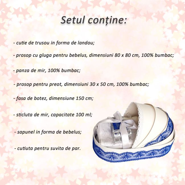 Trusou de botez Baieti Denikos® 142 in cutie landou cu dantela albastra - NKO1697