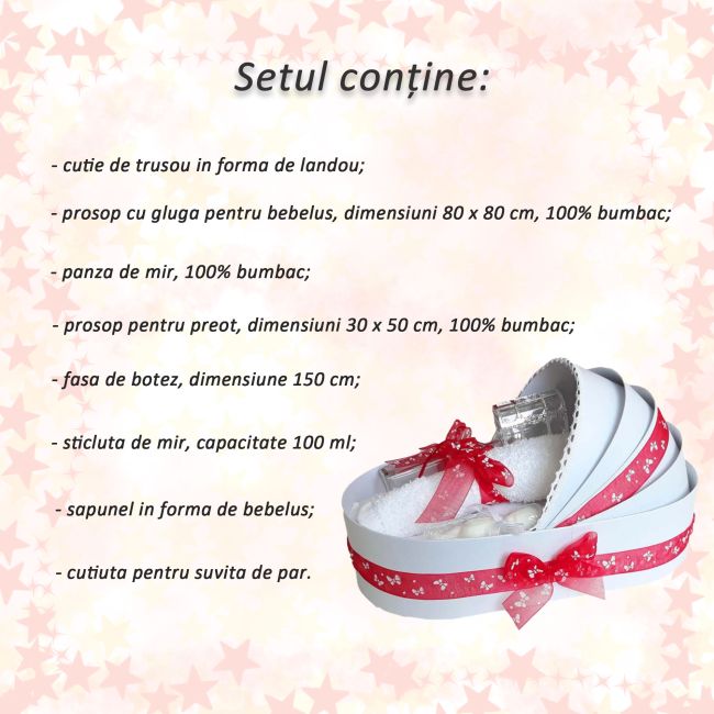 Trusou botez pentru Fetite in cutie model landou cu fundita rosie si fluturasi Denikos® 151 NKO1706