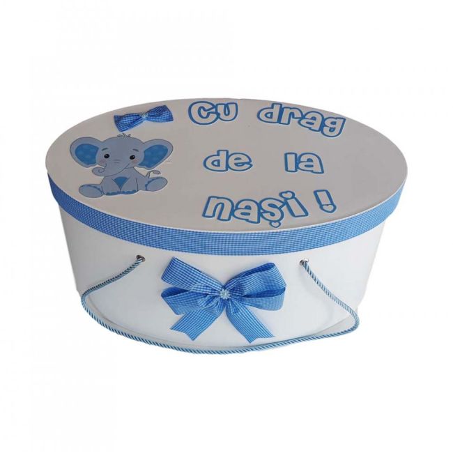 Cutie trusou botez personalizata cu decor carouri si elefantel pentru Baietel Denikos® 223 NKO1779