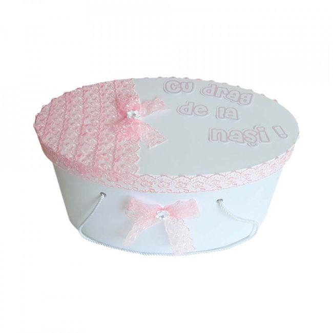 Cutie trusou botez personalizata cu dantela roz pentru Fete Denikos® 216 NKO1771