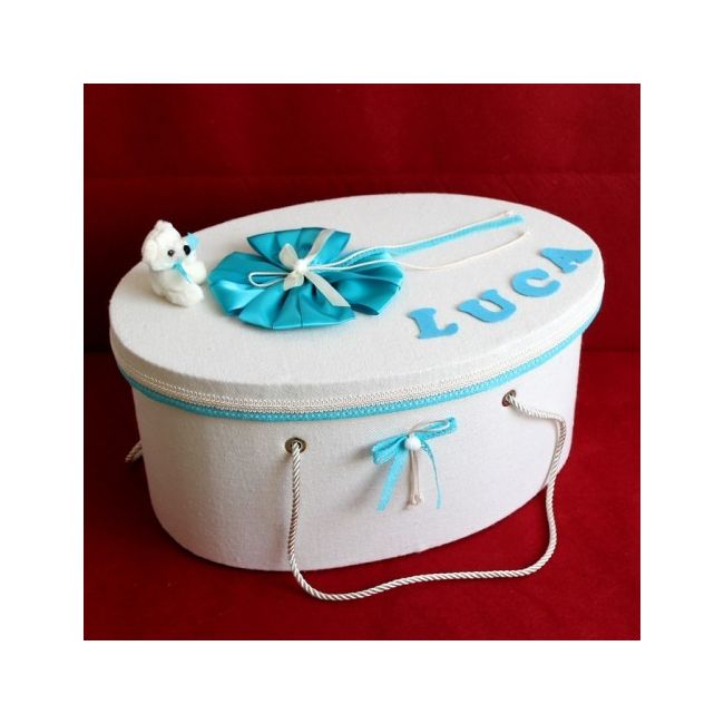 Cutie trusou decorata cu fundite si dantela turcoaz pentru baietel NKTR007-C NKO1346