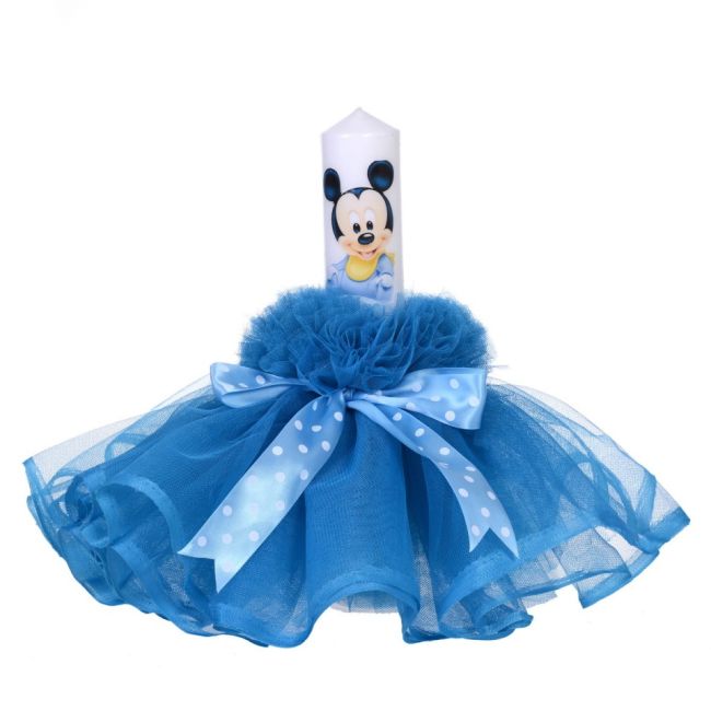 Lumanare de botez baby boy, tul turcoaz si fundite cu buline Baietel Denikos® 72 NKO1586