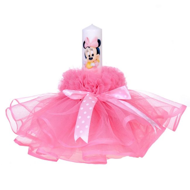 Lumanare botez baby girl cu rochita roz si fundita cu buline pentru fete Denikos® 80 NKO1594