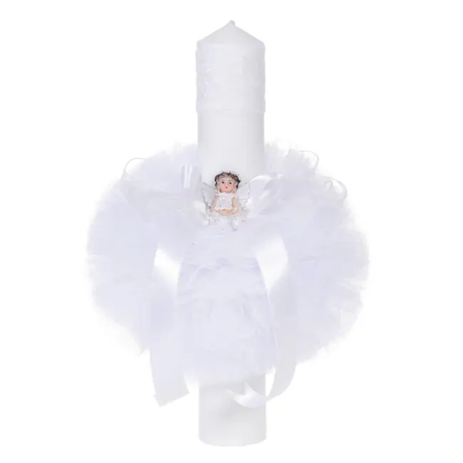 Lumanare de botez diafana cu ingeras decor alb Unisex Denikos&reg; 65 NKO1579
