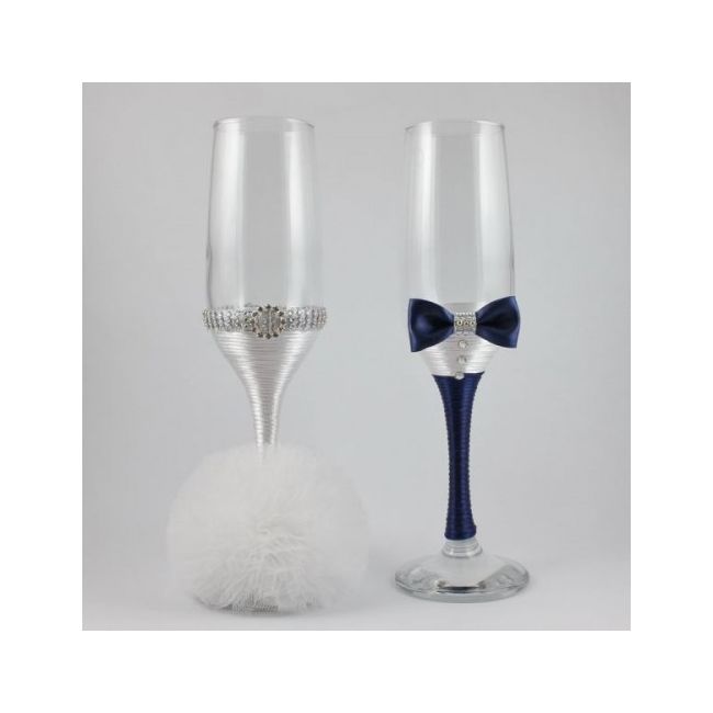Pahare nunta decorate alb si bleumarin PN002 NKO1365