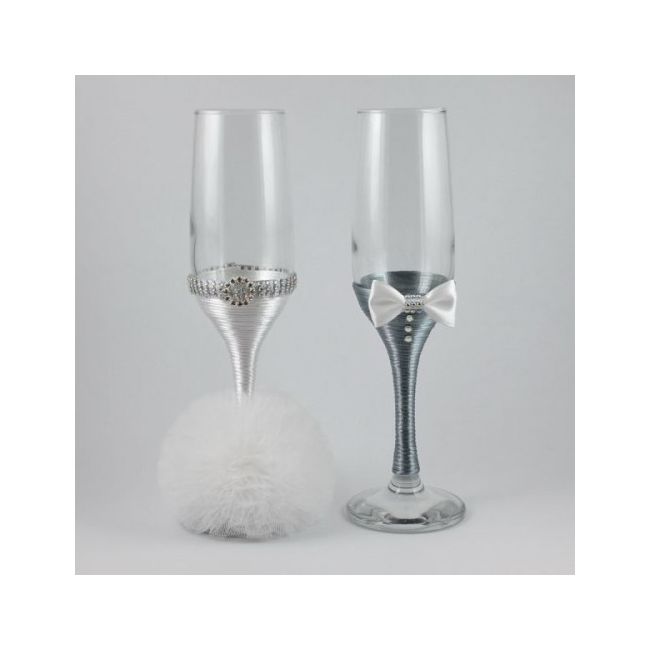 Pahare nunta decorate alb si gri PN003 NKO1366
