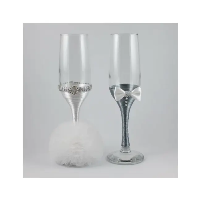 Pahare nunta decorate alb si gri PN003 NKO1366