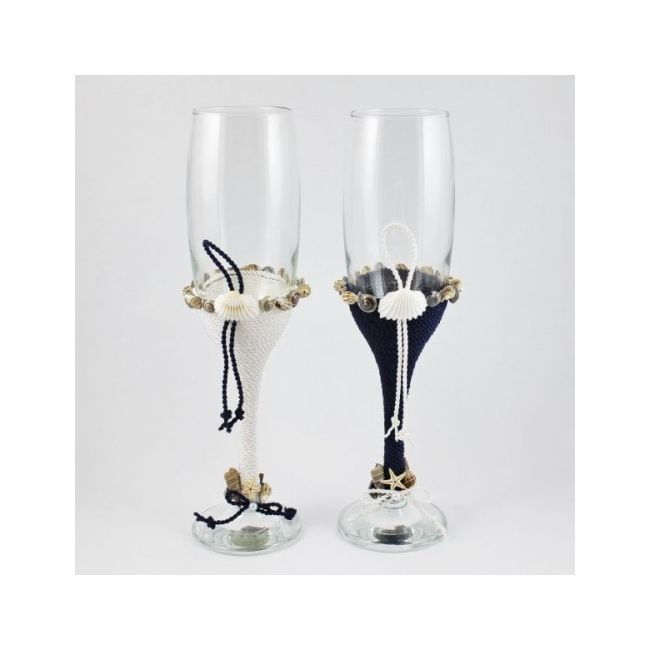 Pahare nunta miri decorate marin snur alb si bleumarin PN010 NKO1368