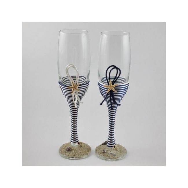 Pahare nunta miri decorate marin snur satinat alb si bleumarin PN004 NKO1369