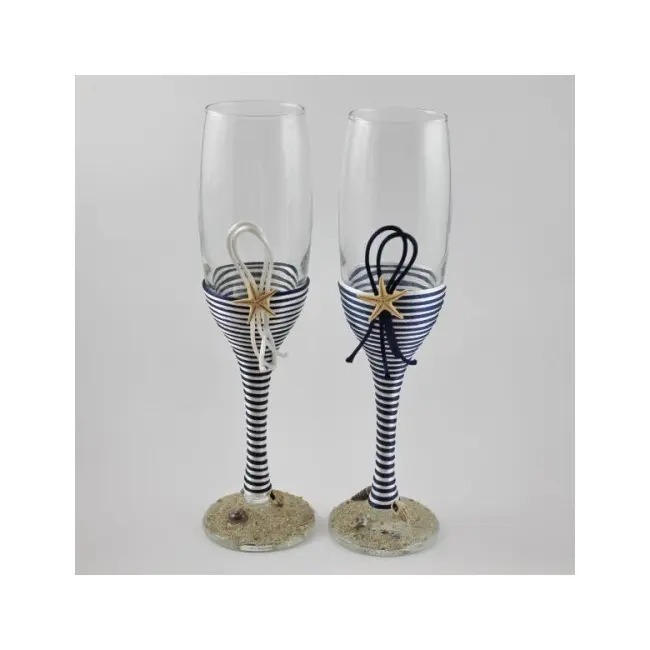 Pahare nunta miri decorate marin snur satinat alb si bleumarin PN004 NKO1369