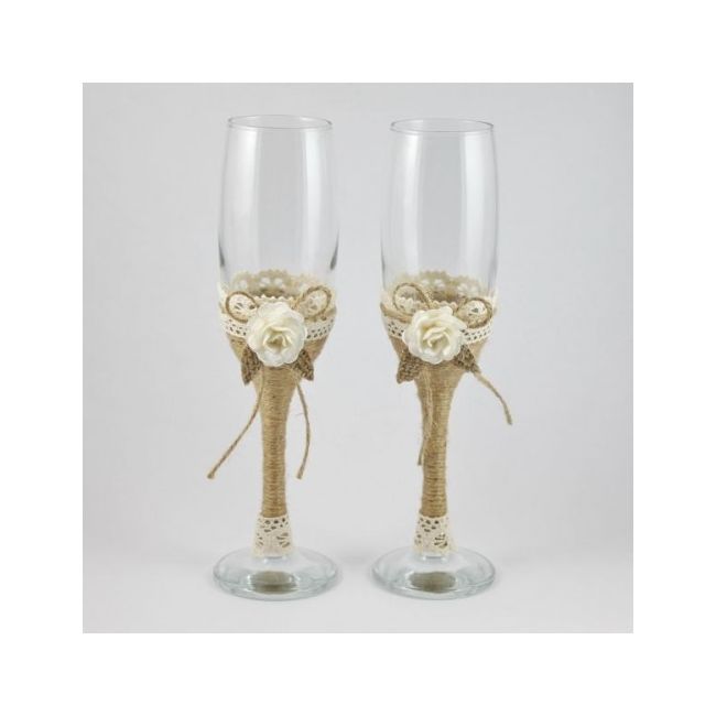 Pahare nunta rustice decorate cu flori si frunzulite PN011 NKO1360