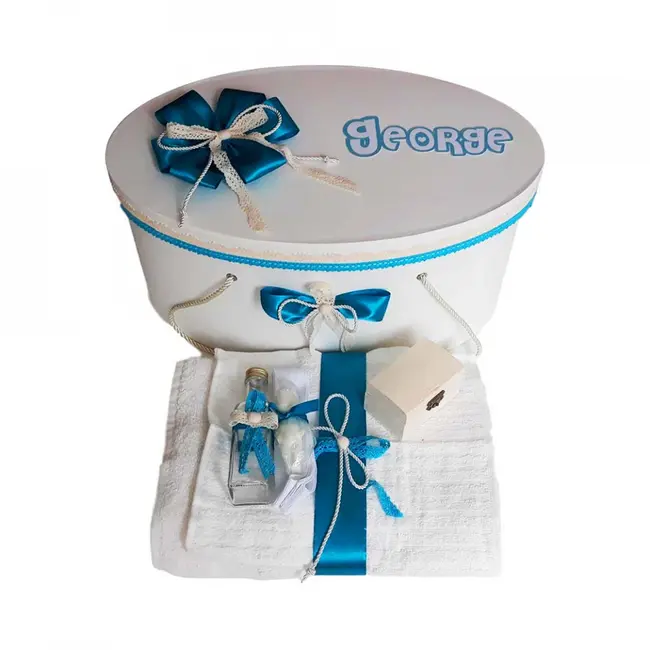 Set cutie trusou personalizata cu nume Baiat si trusou botez cu decor turcoaz Denikos&reg; 238 NKO1794