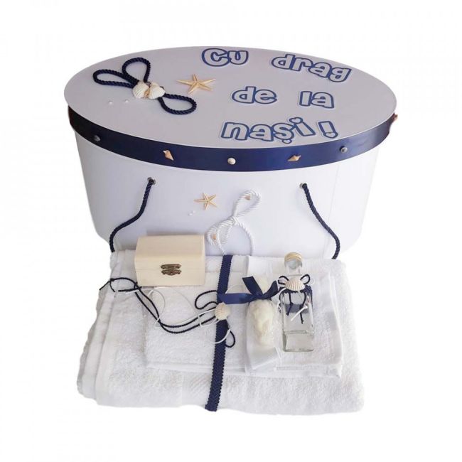 Pachet cutie trusou personalizata si trusou botez cu decor marin pentru baiat Denikos® 225 NKO1781