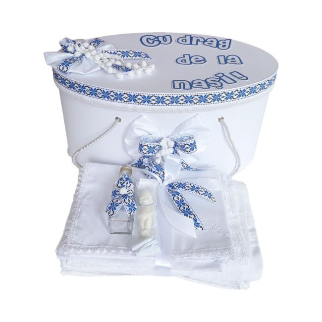 Trusou de botez Baieti si cutie trusou personalizata cu decor traditional albastru Denikos® 228 NKO1784