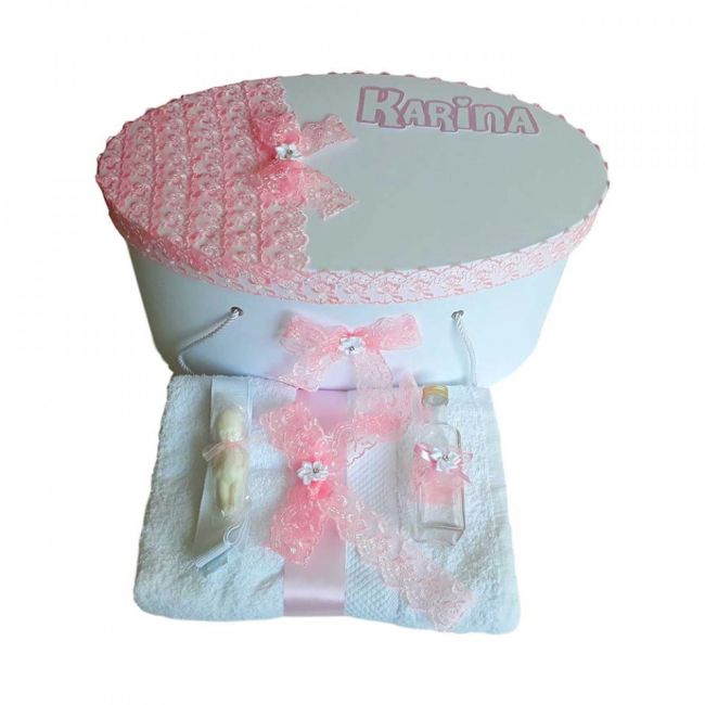 Pachet trusou botez si cutie trusou personalizata pentru Fete, decor dantela Roz Denikos® 219 NKO1775