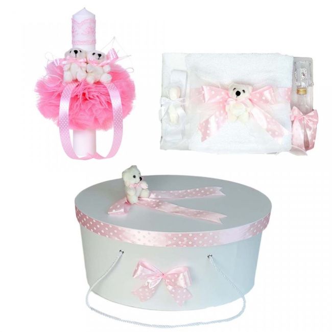 Set trusou de botez si cutie trusou Denikos® 15 cu lumanare ursuleti si fundita roz NKO1647