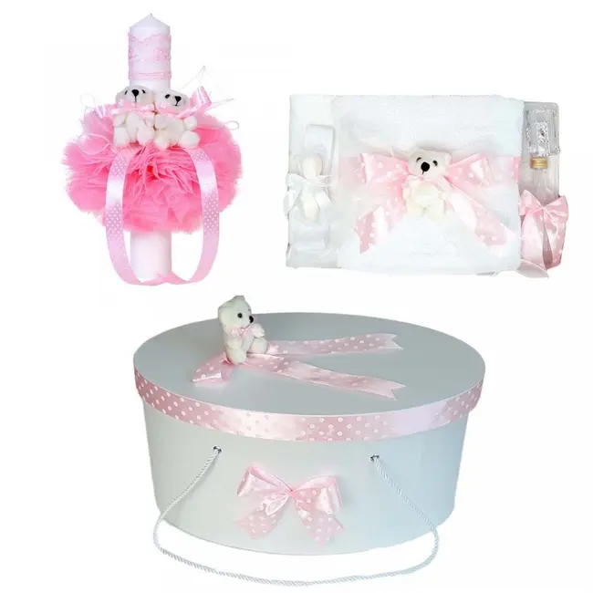 Set trusou de botez si cutie trusou Denikos&reg; 15 cu lumanare ursuleti si fundita roz NKO1647
