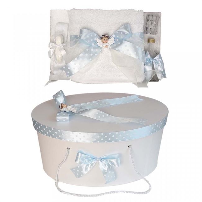 Pachet trusou de botez si cutie trusou cu fundita bleu cu buline si ingeras Denikos® 19 pentru Baietel - NKO1650