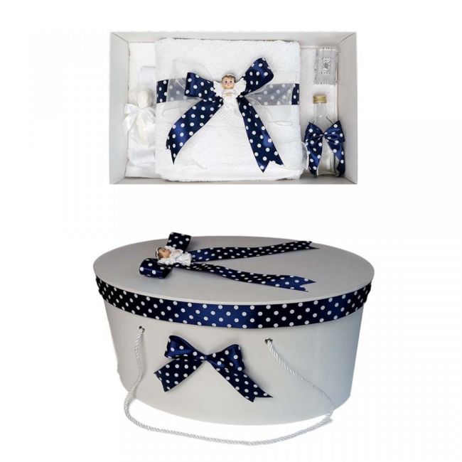 Trusou botez si cutie trusou Ingeras cu fundita bleumarin cu buline pentru baieti Denikos 18 - NKO1645