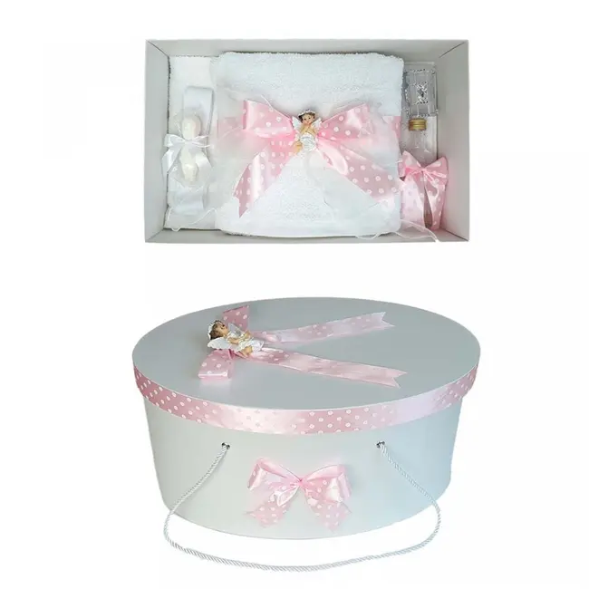 Pachet trusou botez si cutie trusou Fetite cu ingeras si fundita roz cu buline Denikos&reg; 21 NKO1643