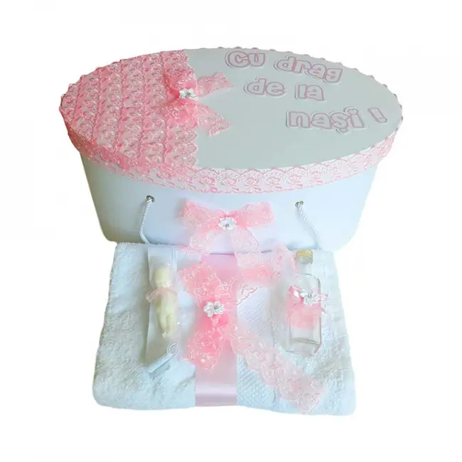 Set trusou botez Fetita si cutie trusou personalizata cu decor dantela Roz Denikos&reg; 218 NKO1774