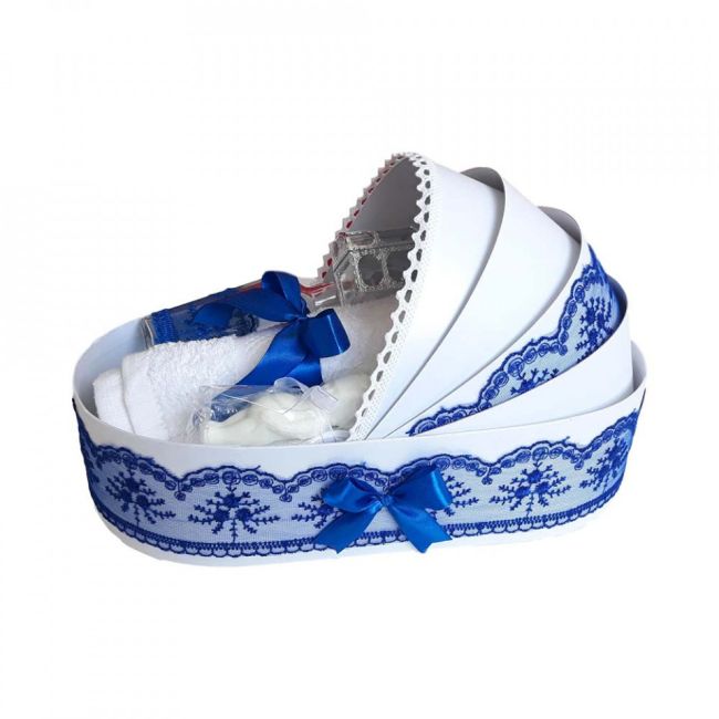 Trusou botez complet in landou decor elegant cu dantela albastra Baietel Denikos® 149 NKO1704