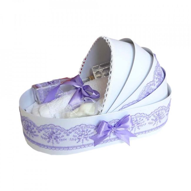 Trusou botez model landou cu decor elegant dantela lila pentru Fetite Denikos® 143 NKO1698