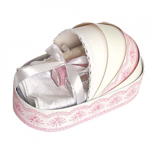 Trusou de botez complet pentru fetite Denikos® 141 in cutie landou cu dantela roz - NKO1696
