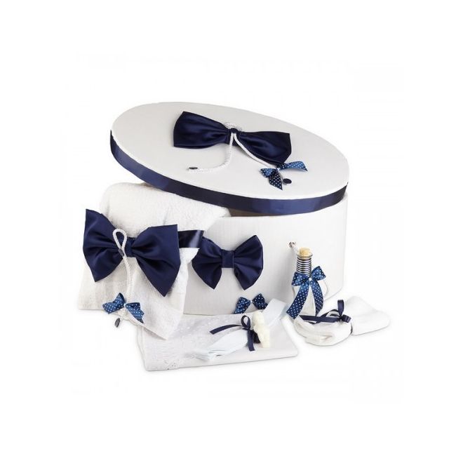 Trusou pentru Baieti botez complet si cutie decorata cu funde bleumarine NKTR006 NKO1224