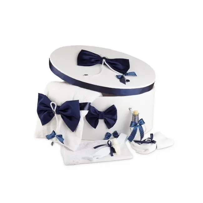 Trusou pentru Baieti botez complet si cutie decorata cu funde bleumarine NKTR006 NKO1224