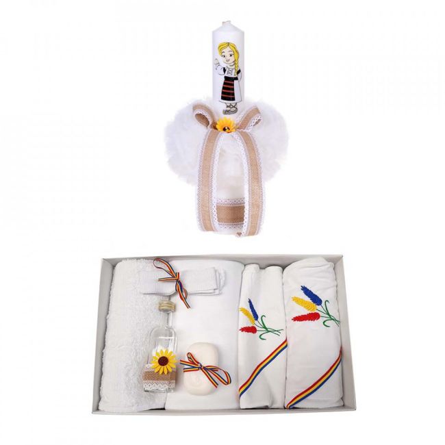 Set Trusou botez  brodat si lumanare botez Fete cu decor rustic tricolor Denikos® 123 - NKO1678