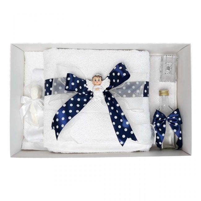 Trusou de botez Baieti cu ingeras si fundita bleumarin cu buline Denikos® 30 NKO1621