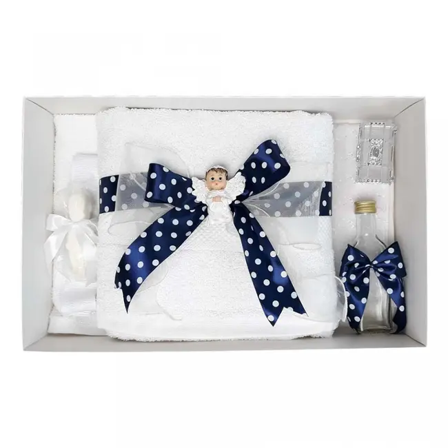 Trusou de botez Baieti cu ingeras si fundita bleumarin cu buline Denikos&reg; 30 NKO1621