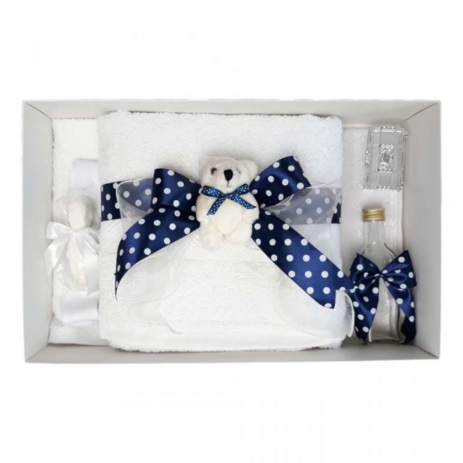Trusou botez pentru baieti decorat cu ursulet si fundita bleumarin cu buline Denikos® 38 NKO1613
