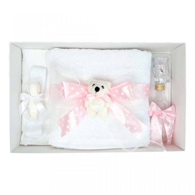 Trusou de botez fundita roz cu buline fetita si decor cu ursulet Denikos® 35 NKO1616