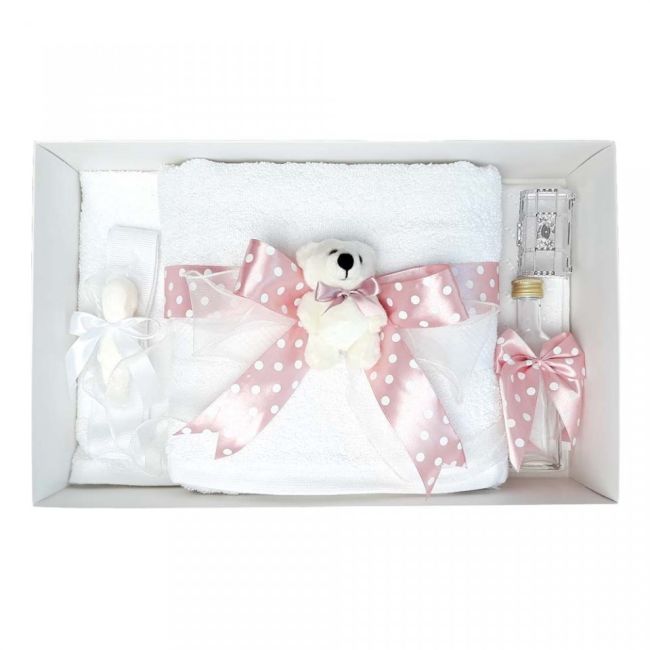 Trusou botez cu fundita roz buline pentru fete si ursulet Denikos® 34 NKO1617