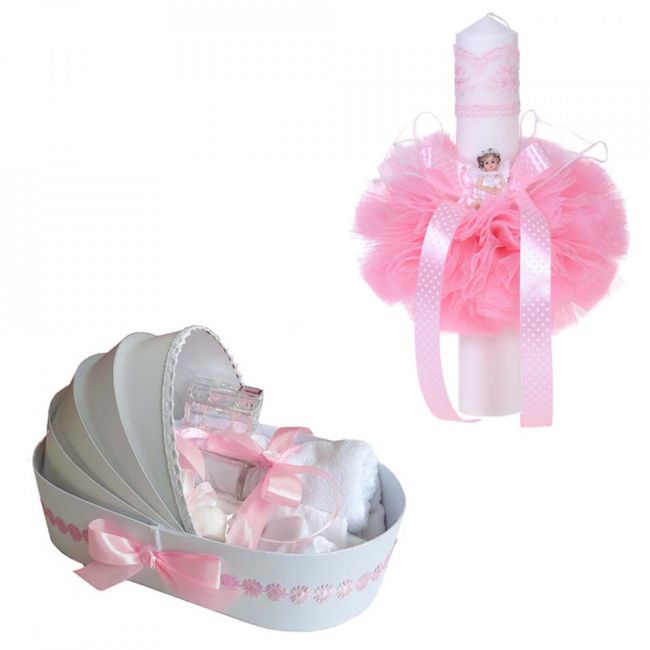 Pachet Trusou de botez pentru Fete in cutie landou cu floricele si lumanare cu ingeras Denikos® - 115 NKO1670