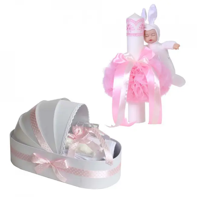 Set Trusou botez model landou si lumanare cu iepuras decor roz fundita buline pentru Fata Denikos&reg; 109 NKO1664