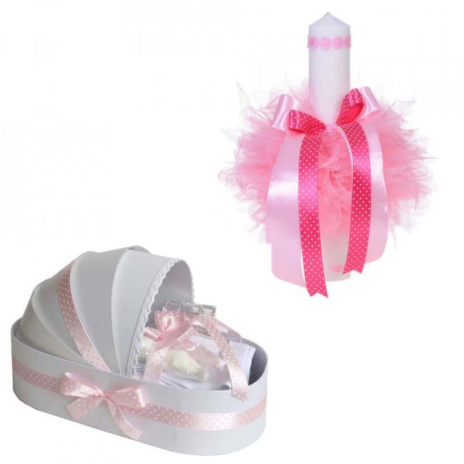 Pachet Trusou botez in cutie landou si lumanare decor roz cu floricele pentru Fetita Denikos® 105 - NKO1660