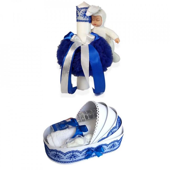 Set Trusou Botez Baieti in landou si lumanare cu iepuras cu decor albastru Denikos® 173 - NKO1728
