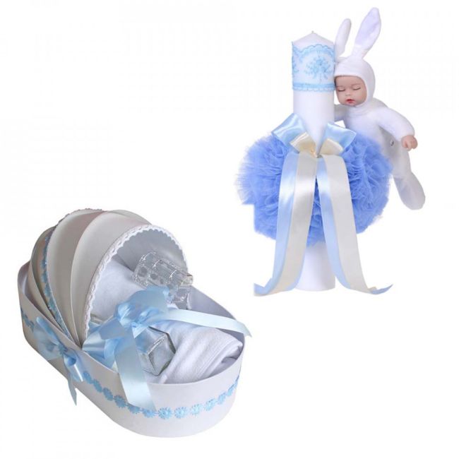 Set Trusou botez in landou cu lumanare cu iepuras si decor bleu pentru Baieti Denikos® 106 - NKO1661