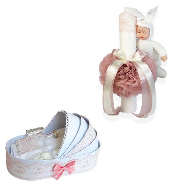 Set Trusou botez decor roz pudra pentru Fete si lumanare cu iepuras in cutie landou Denikos® 170 - NKO1725