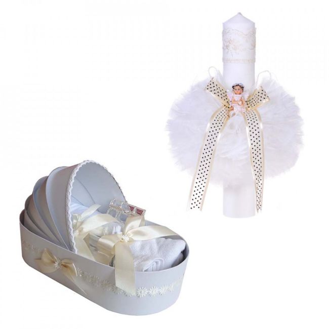 Pachet trusou pentru botez model landou si lumanare botez Unisex Denikos® 113 decor ivoire - NKO1668