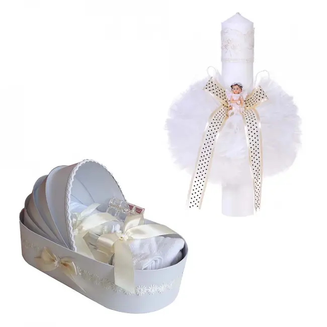 Pachet trusou pentru botez model landou si lumanare botez Unisex Denikos&reg; 113 decor ivoire - NKO1668