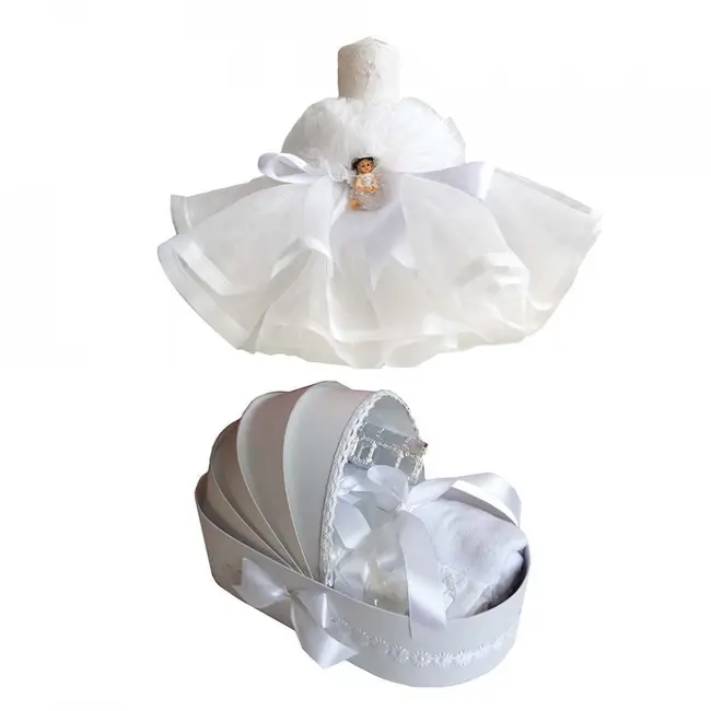 Pachet Trusou de botez in landou cu lumanare rochita  decor alb Unisex Denikos&reg; 128 - NKO1683